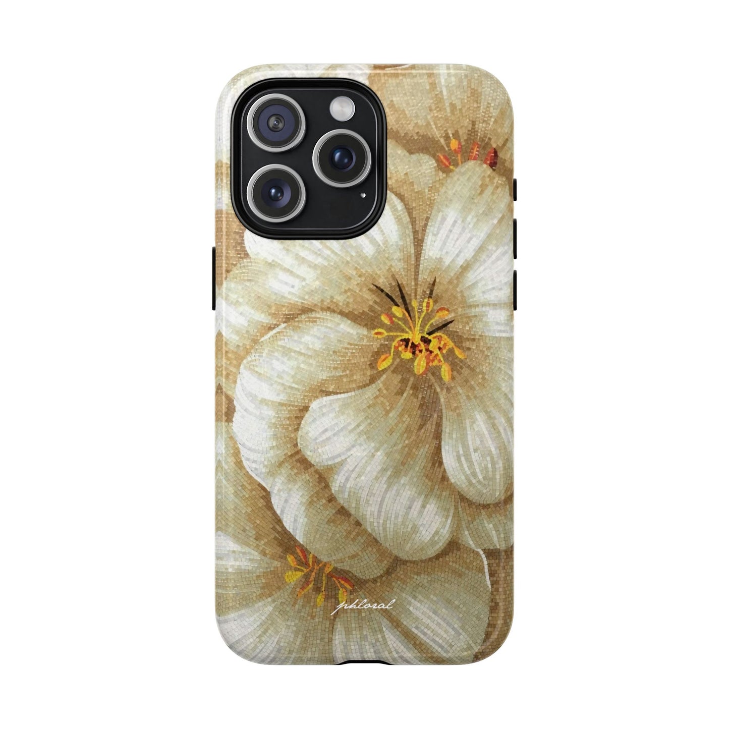 Golden Bloom Magsafe iPhone case with accessories neatly arranged