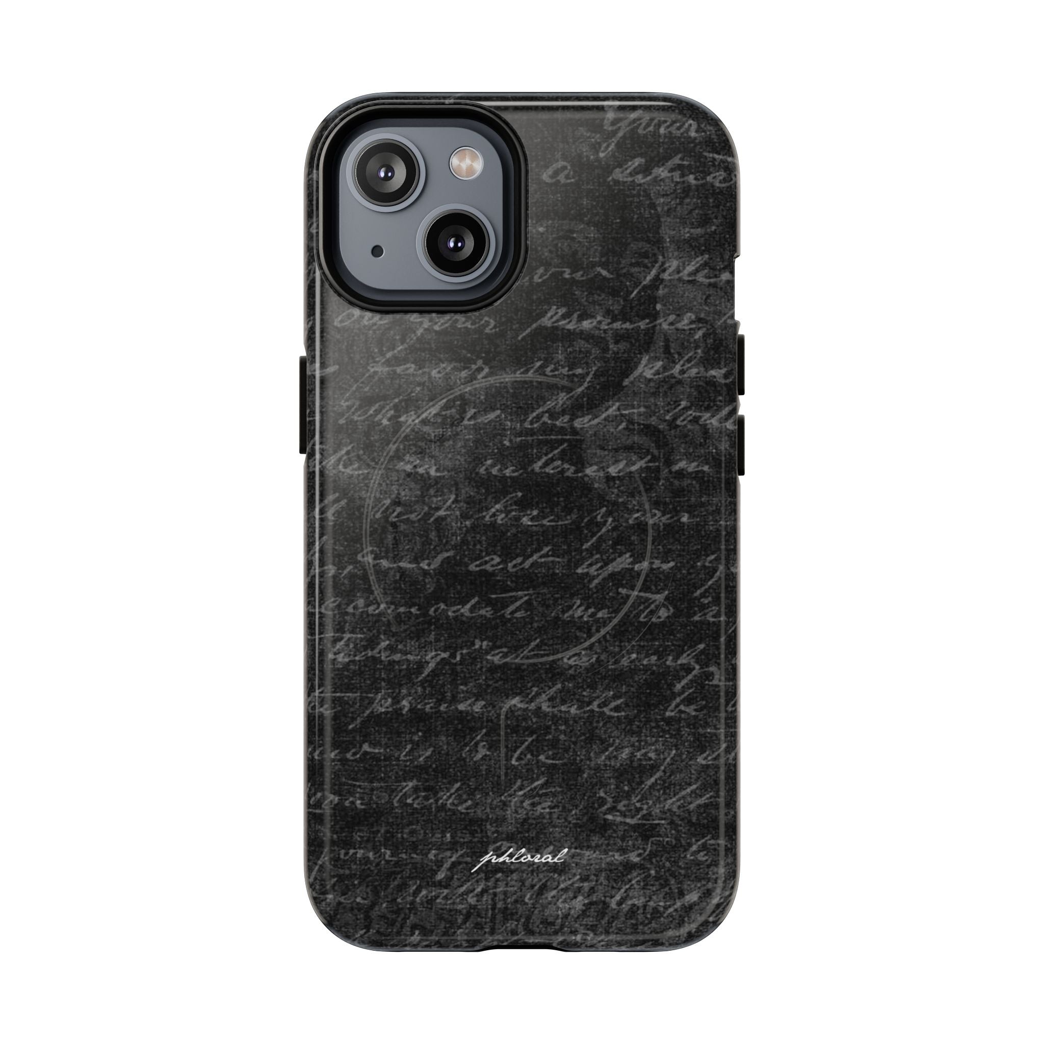 exoletus Magsafe case with a black script design showcasing vintage handwritten text.