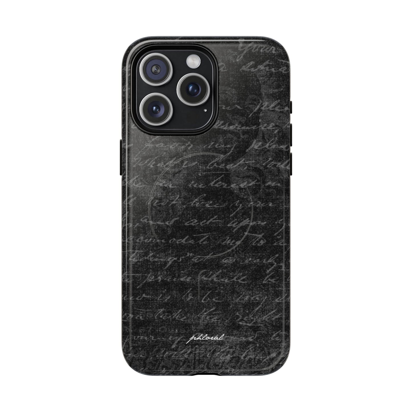 exoletus Magsafe black phone case with handwritten text design, adding style and protection to devices.