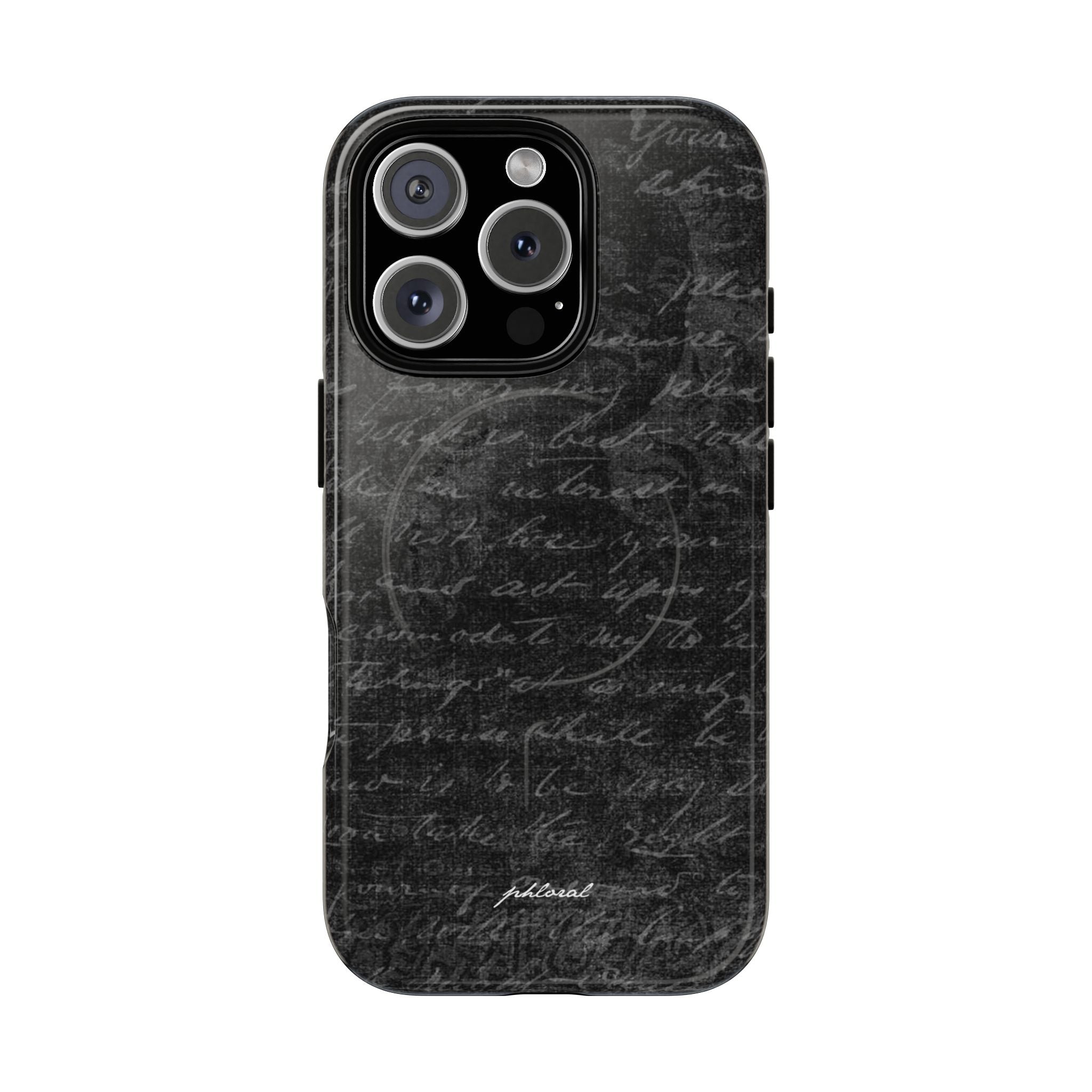 exoletus Magsafe case featuring a stylish black design with handwritten text pattern on the back.