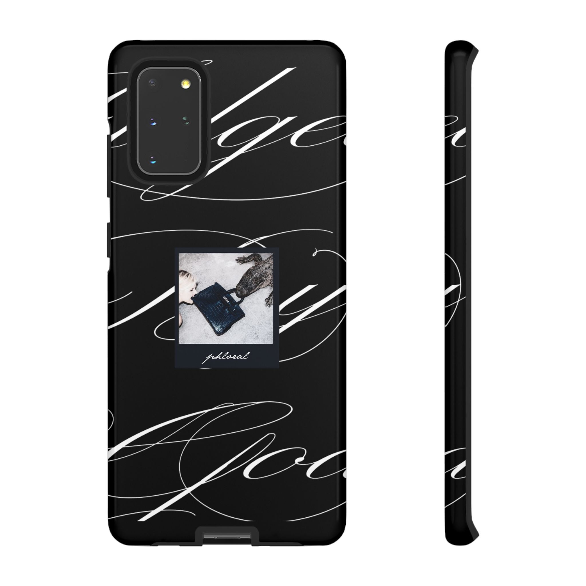 Tempted by Luxury glossy black marble evil eye phone case in natural light