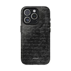 exoletus Magsafe case featuring a stylish black design with handwritten text background.