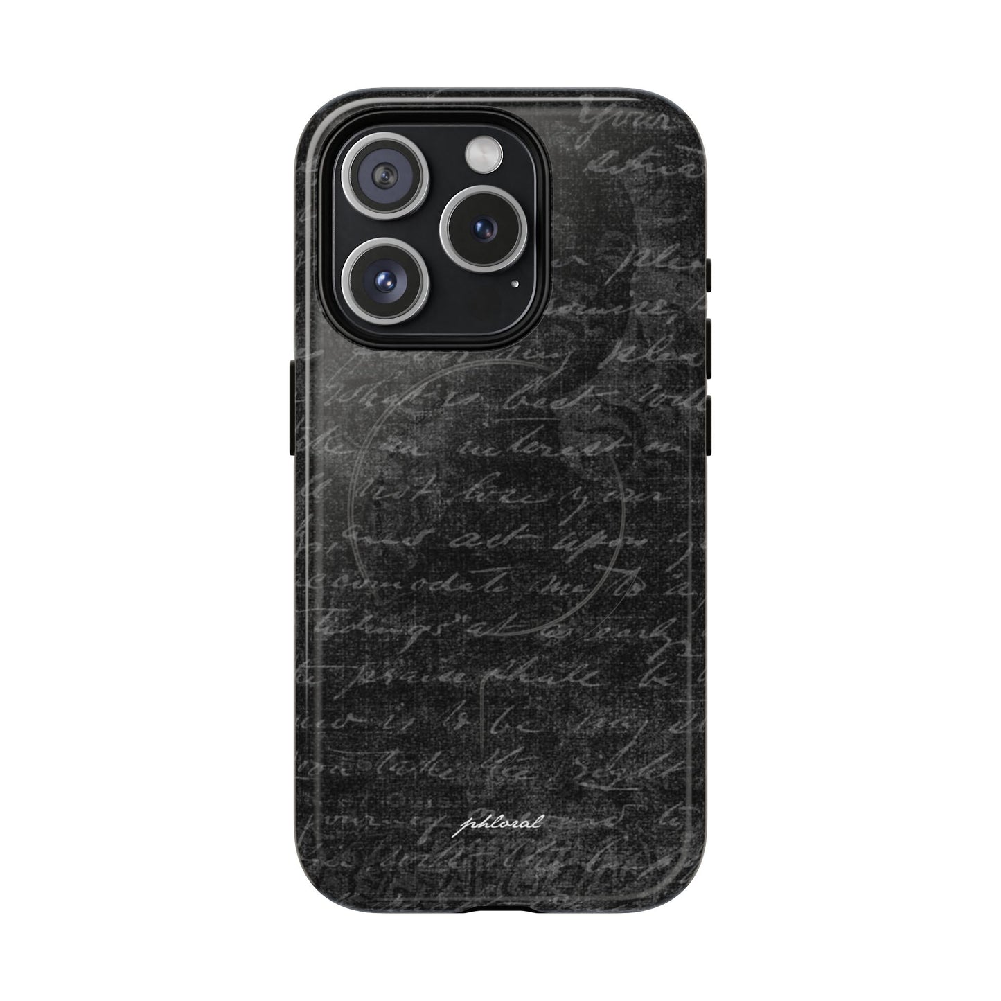 exoletus Magsafe case featuring a stylish black design with handwritten text background.