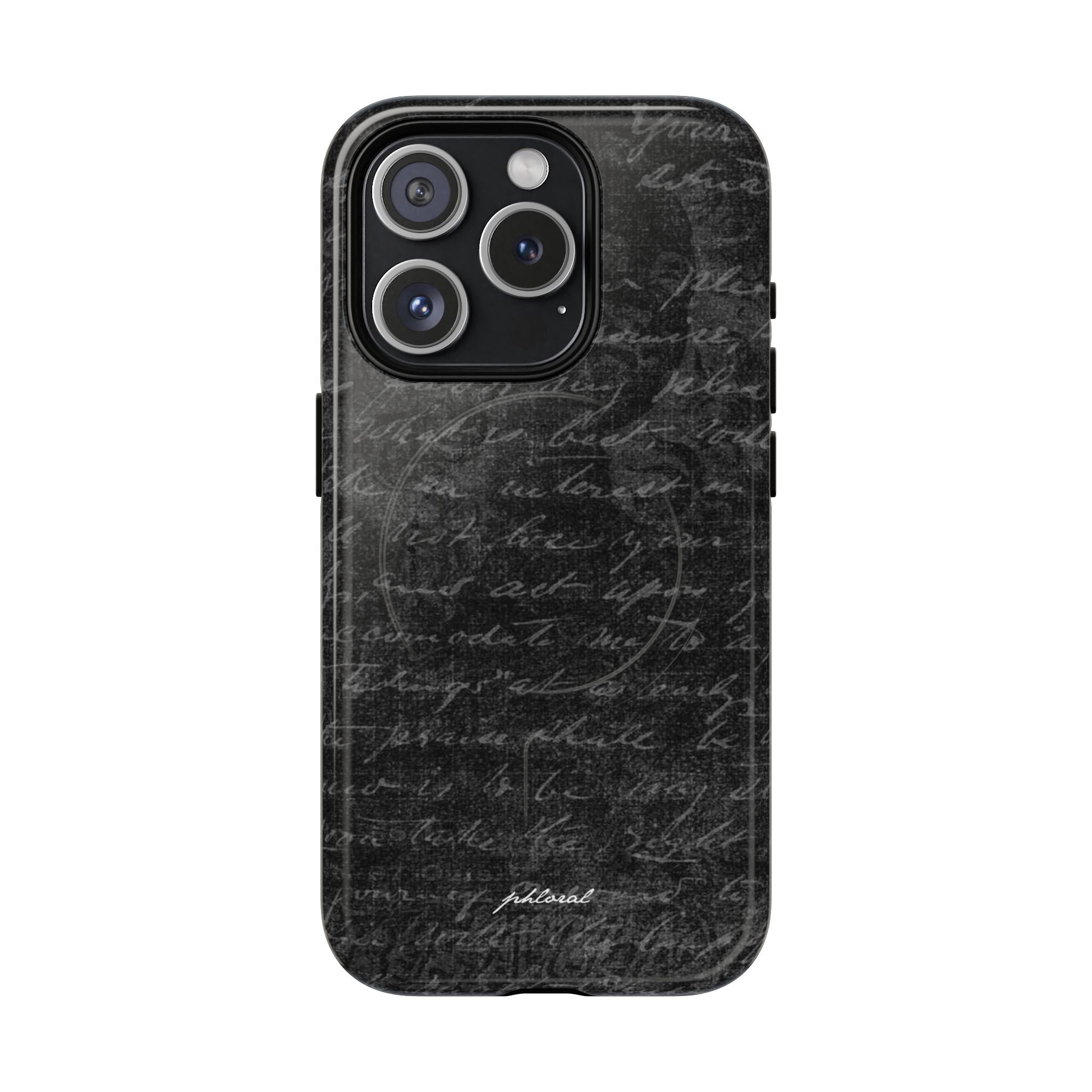 exoletus Magsafe case featuring a stylish black design with handwritten text background.