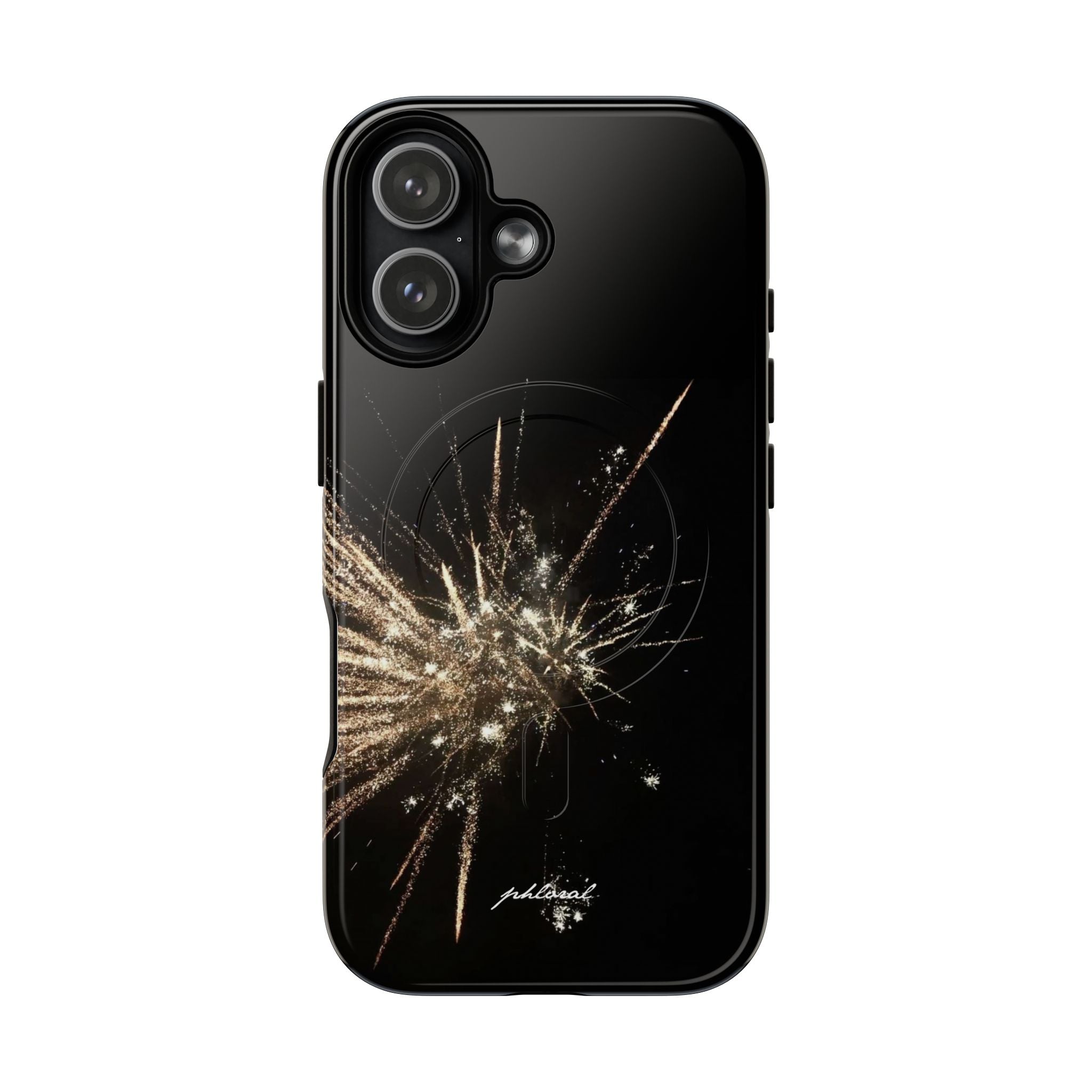 Glintfall Magsafe case featuring a striking black design with gold fireworks pattern for iPhone.