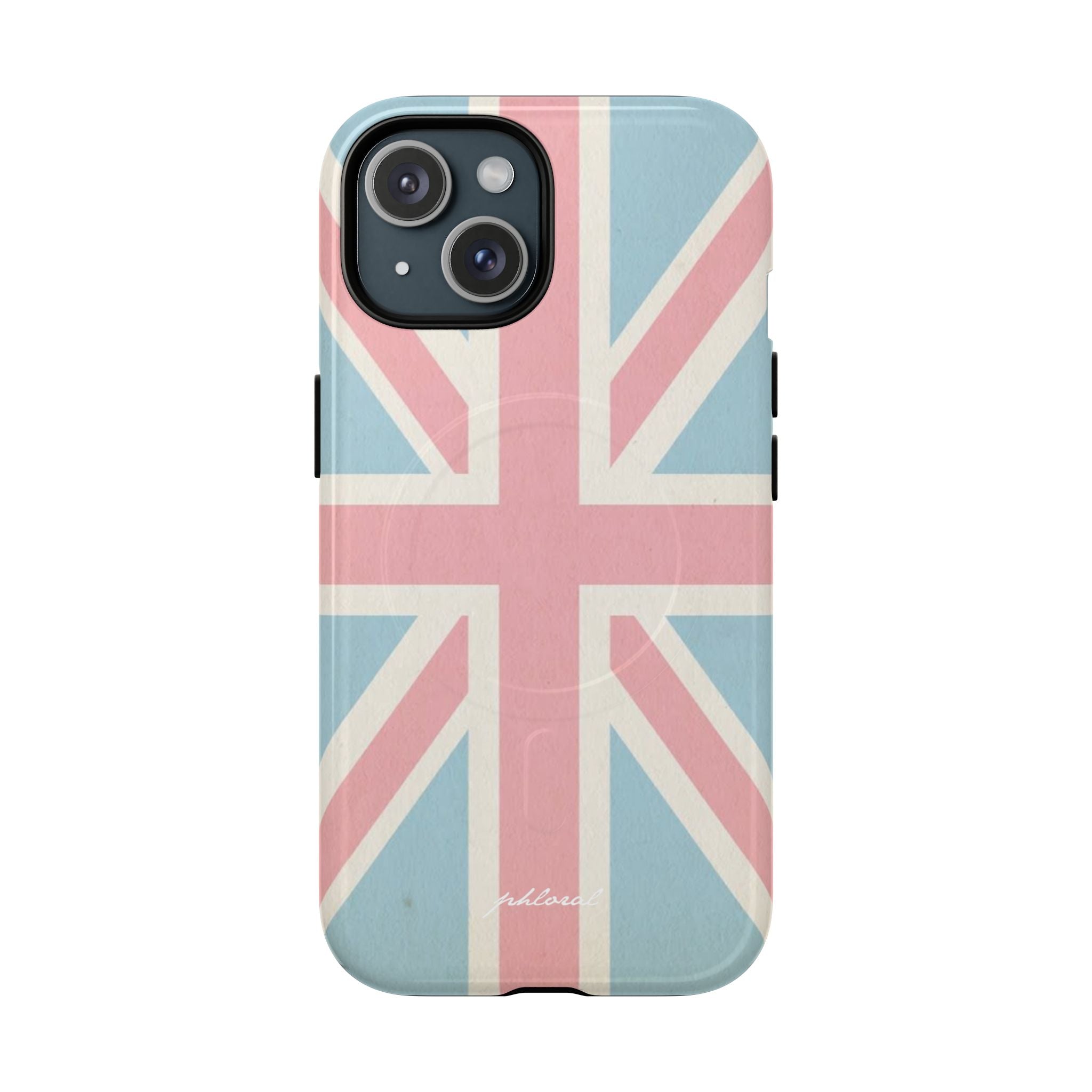 Union Jack Magsafe iPhone case on a flatlay workspace