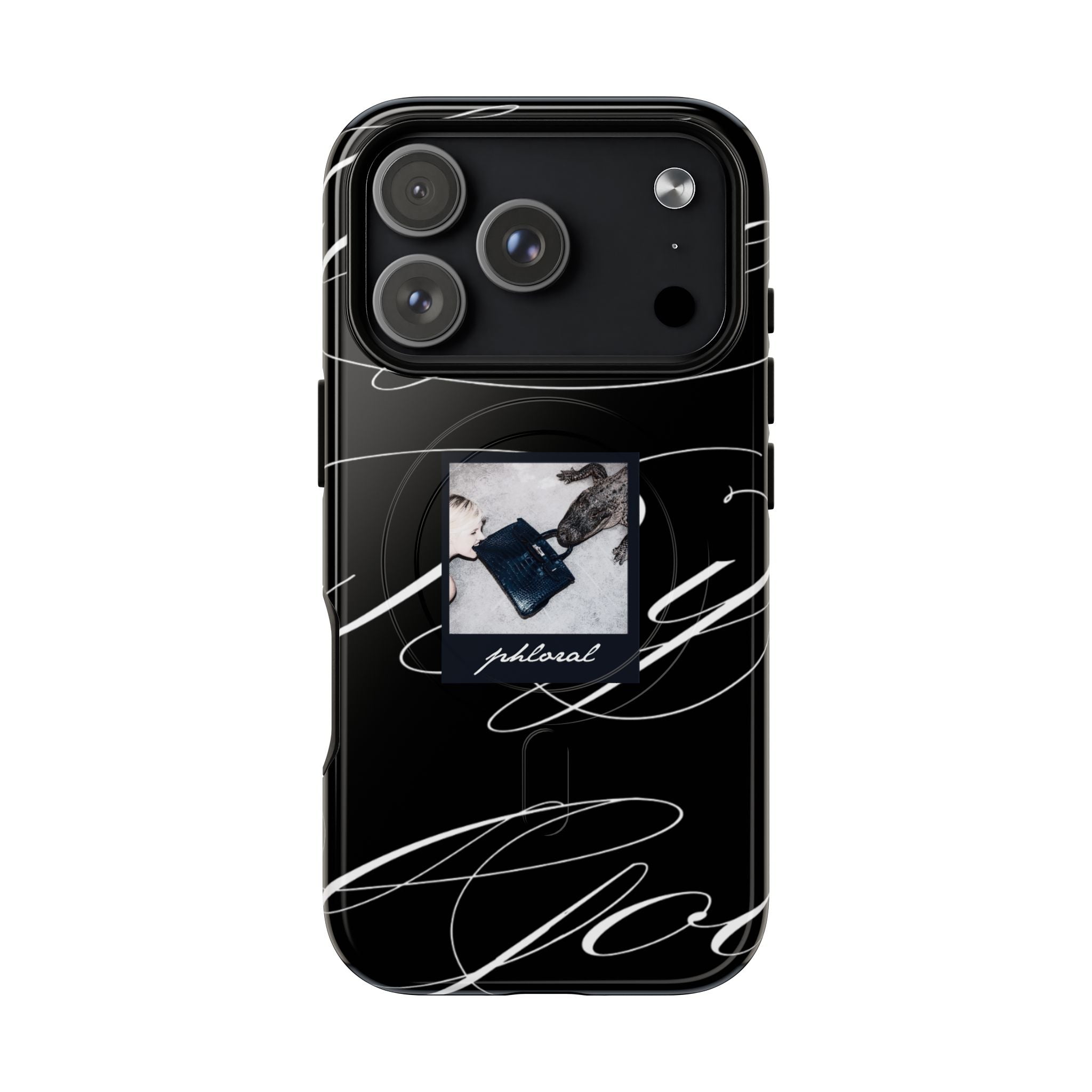 alt="Close-up of buttons and ports on tempted by luxury Magsafe phone case"