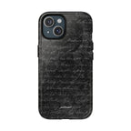 exoletus Magsafe case with a textured black design featuring handwritten text and a sleek finish.