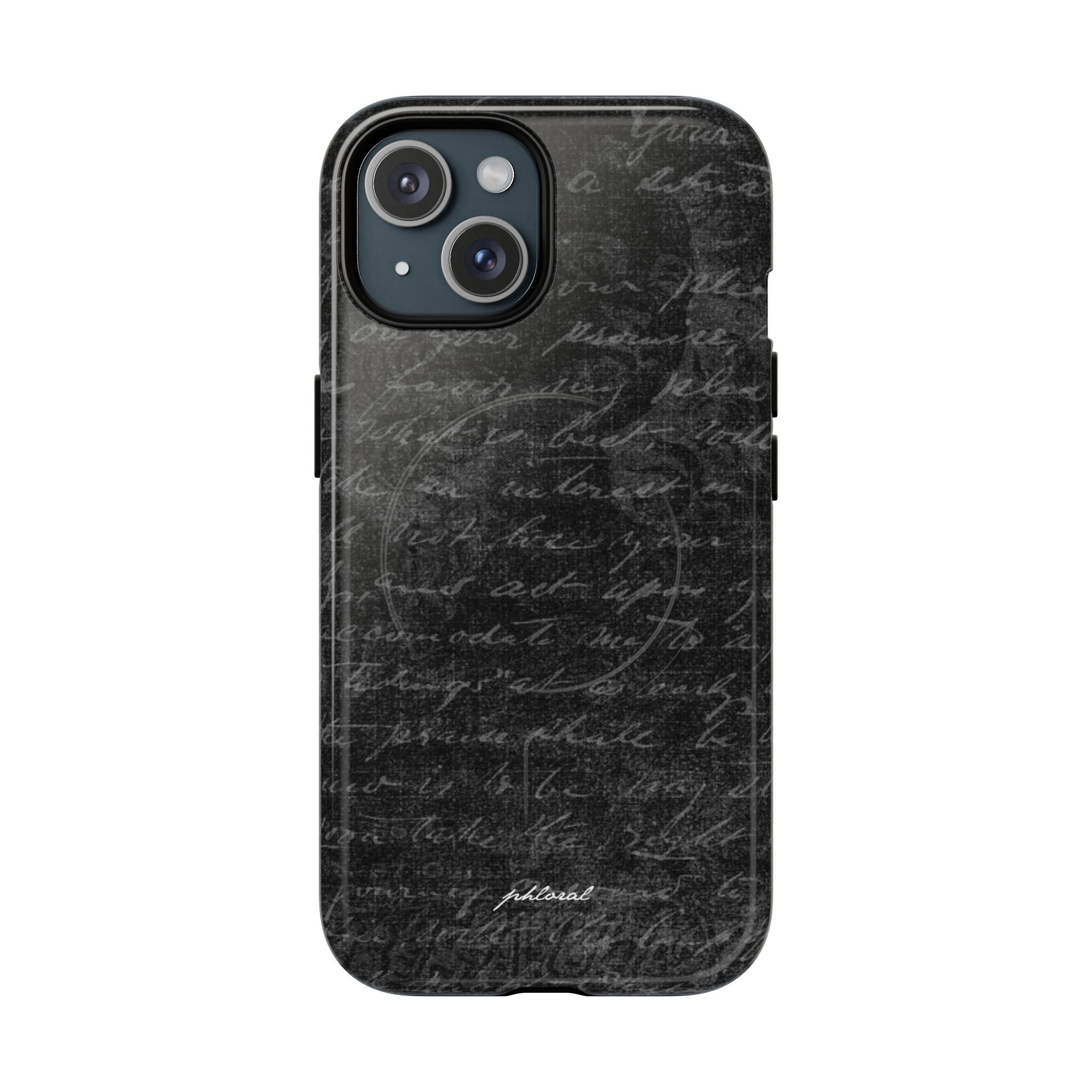 exoletus Magsafe case with a textured black design featuring handwritten text and a sleek finish.
