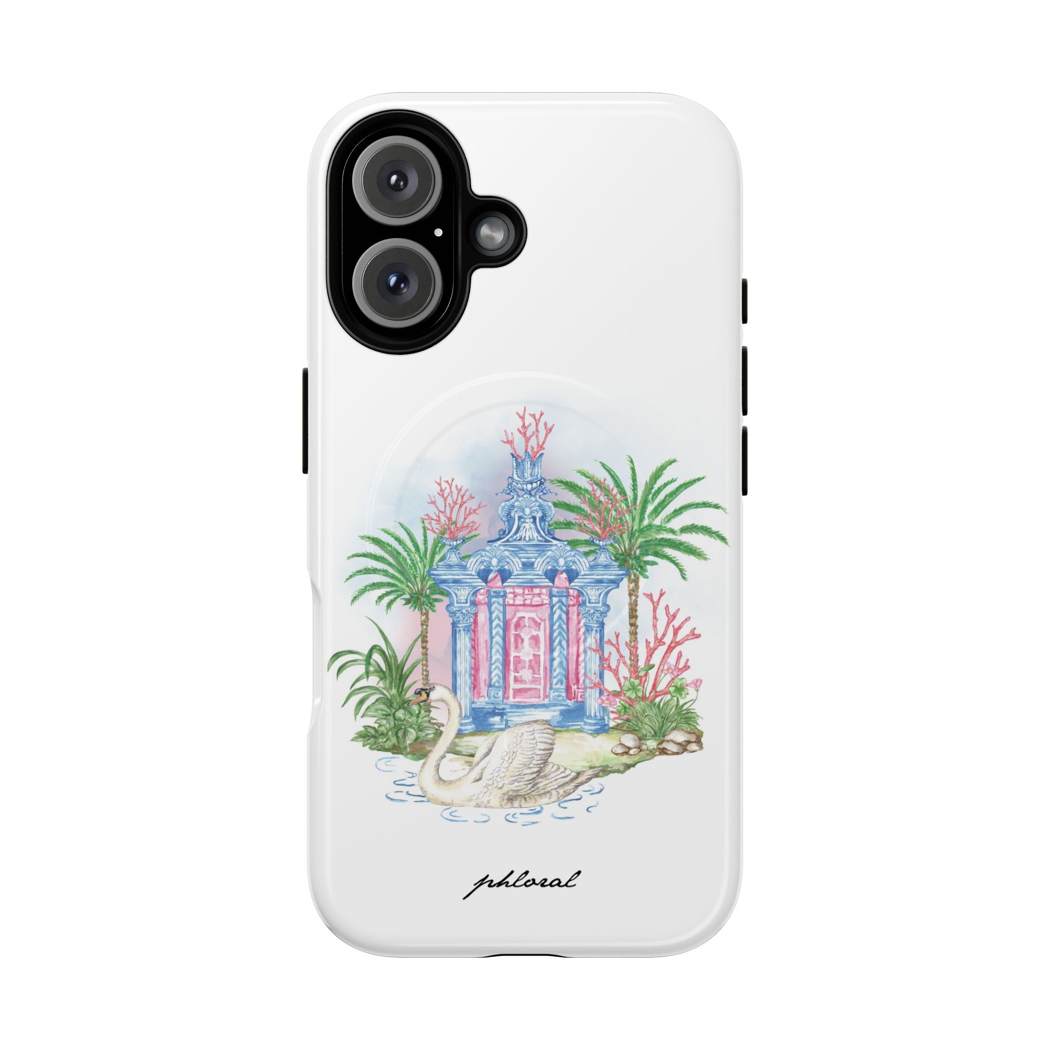 Swan Pavilion MagSafe iPhone case in hand