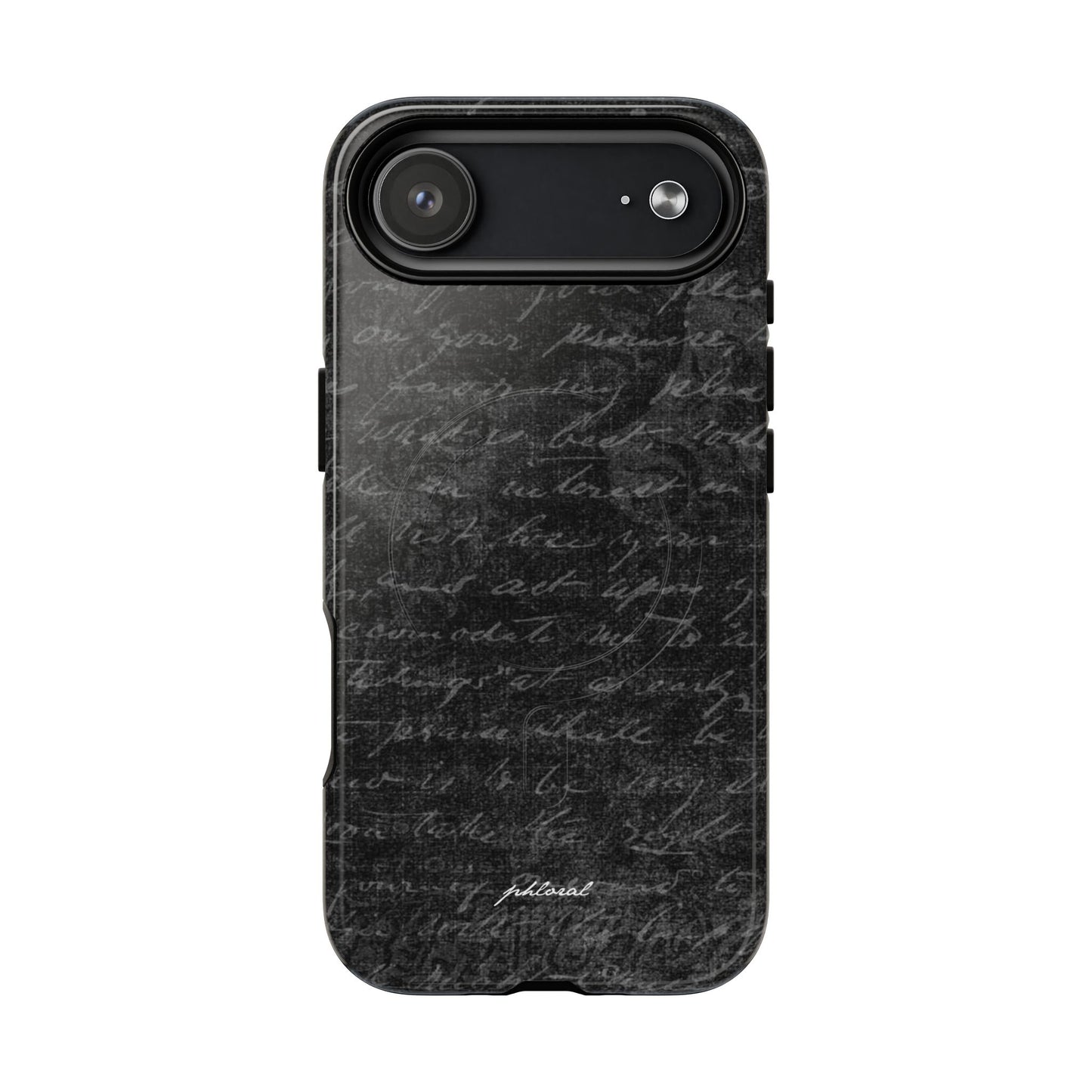 exoletus Magsafe case side view showing black script detailexoletus Magsafe case front view with elegant handwritten text design