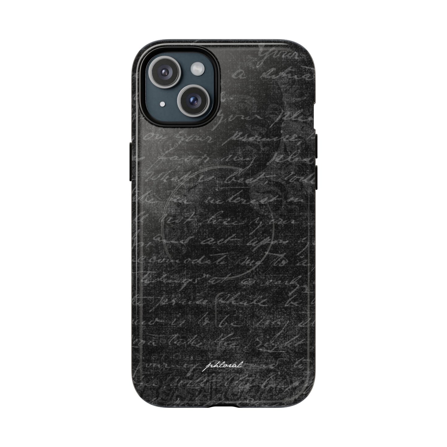 exoletus Magsafe phone case featuring a sleek black design with handwritten text pattern.