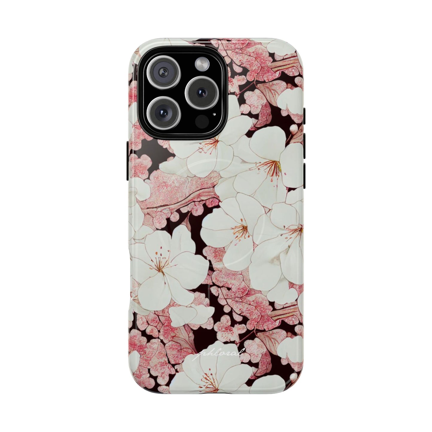 Florere MagSafe iPhone case angled top view with flowers