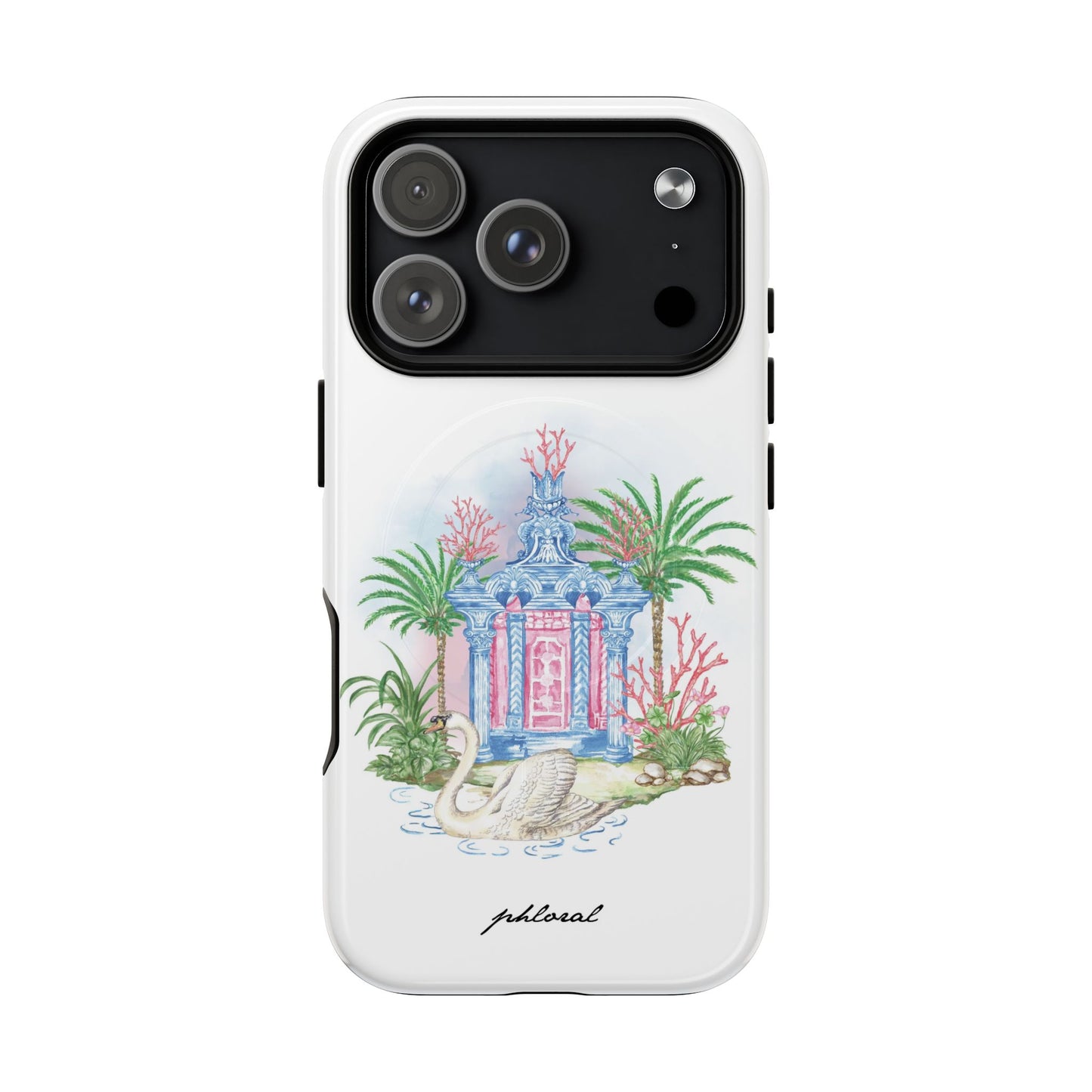 Swan Pavilion MagSafe iPhone case on nightstand