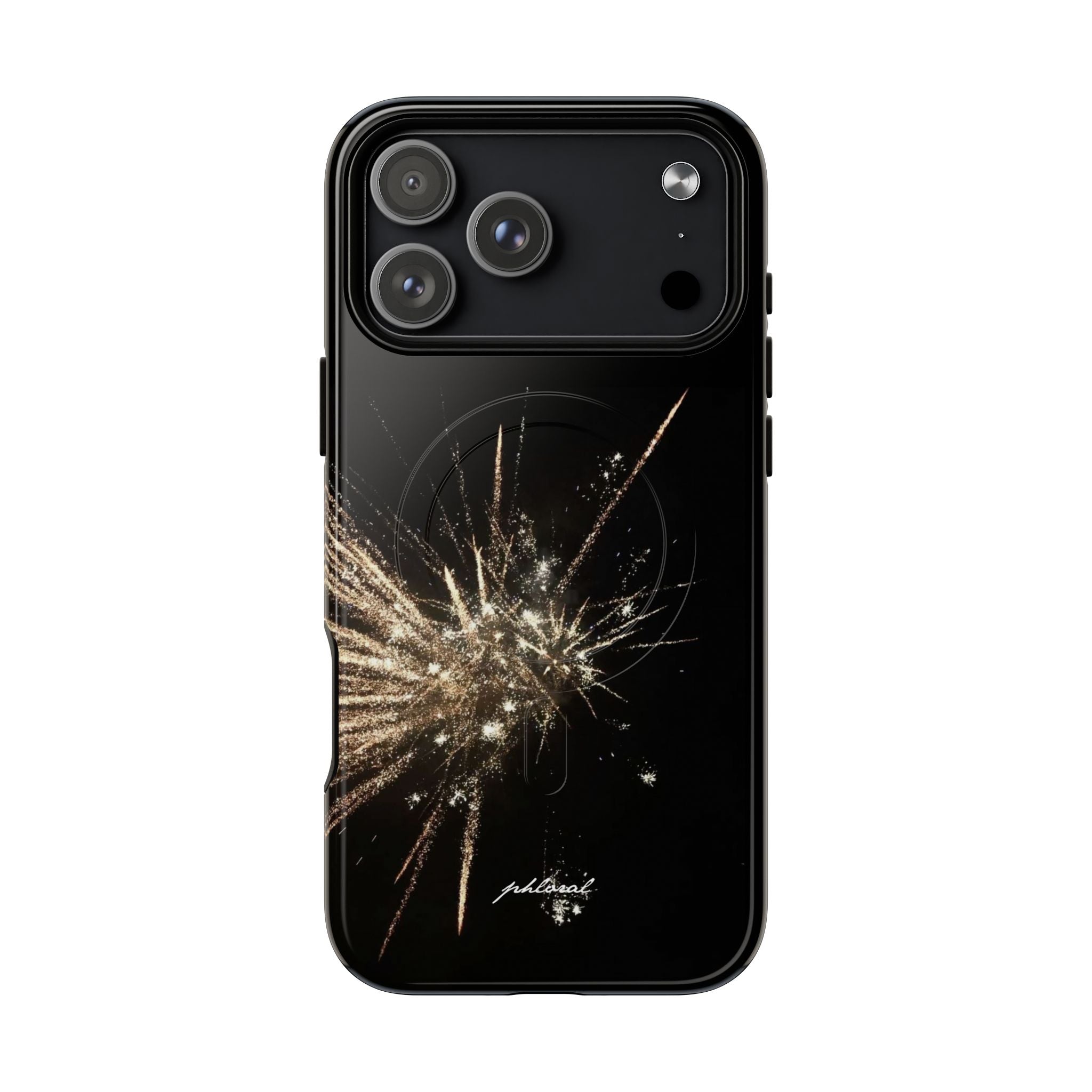 glintfall Magsafe case featuring a sparkling fireworks design on a black background