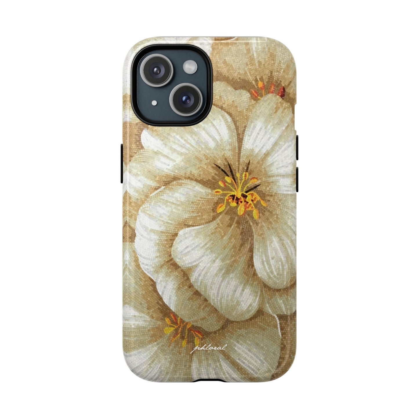 Golden Bloom Magsafe iPhone case on minimalist workspace